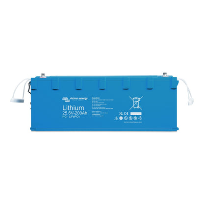 Victron Energy Lithium LiFePO4 Battery NG 25.6V-200Ah, front view, long low blue case with M8 stainless terminals and white rope carry handles