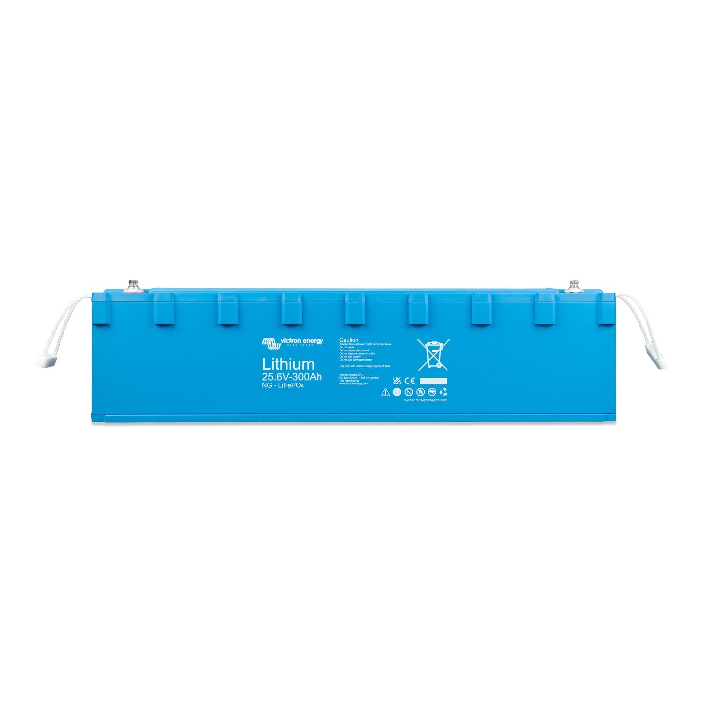 Victron Energy Lithium LiFePO4 Battery NG 25.6V-300Ah, front view, extra-long blue case with M8 stainless terminals and white rope carry handles
