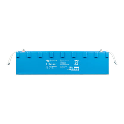 Victron Energy Lithium LiFePO4 Battery NG 25.6V-300Ah, front view, extra-long blue case with M8 stainless terminals and white rope carry handles