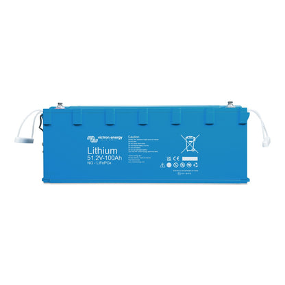 Victron Energy Lithium LiFePO4 Battery NG 51.2V-100Ah, front view, long low blue case with M8 stainless terminals and white rope carry handles