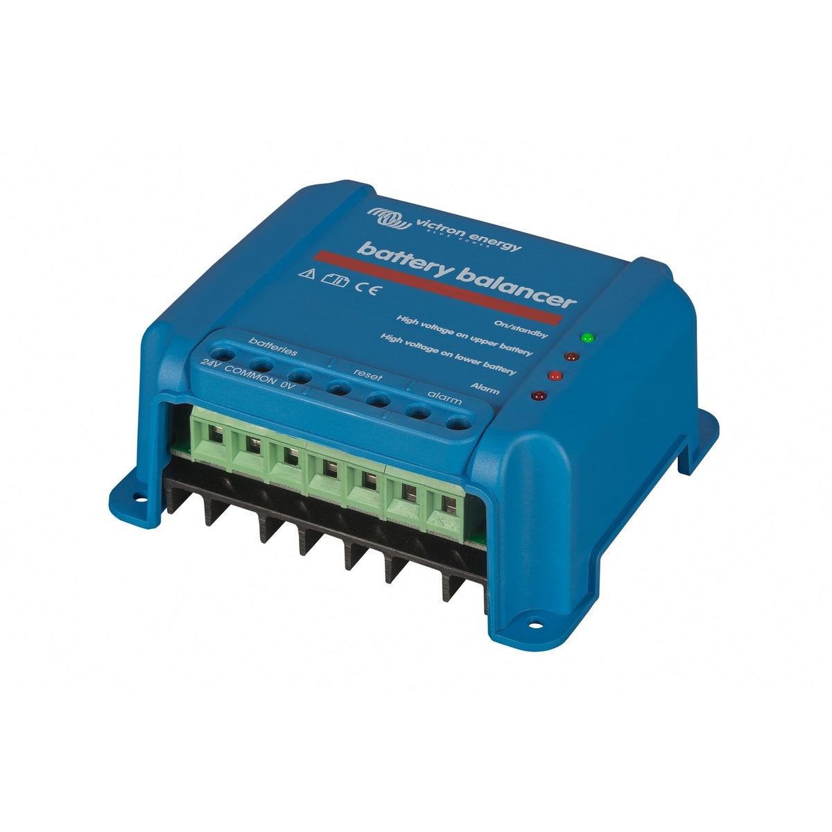 Victron Battery Balancer - three-quarter right view with the 24V, common and 0V terminals in profile
