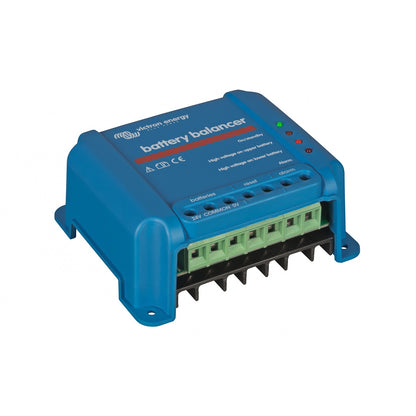 Victron Battery Balancer - three-quarter left view showing the finned heatsink base and mounting flanges