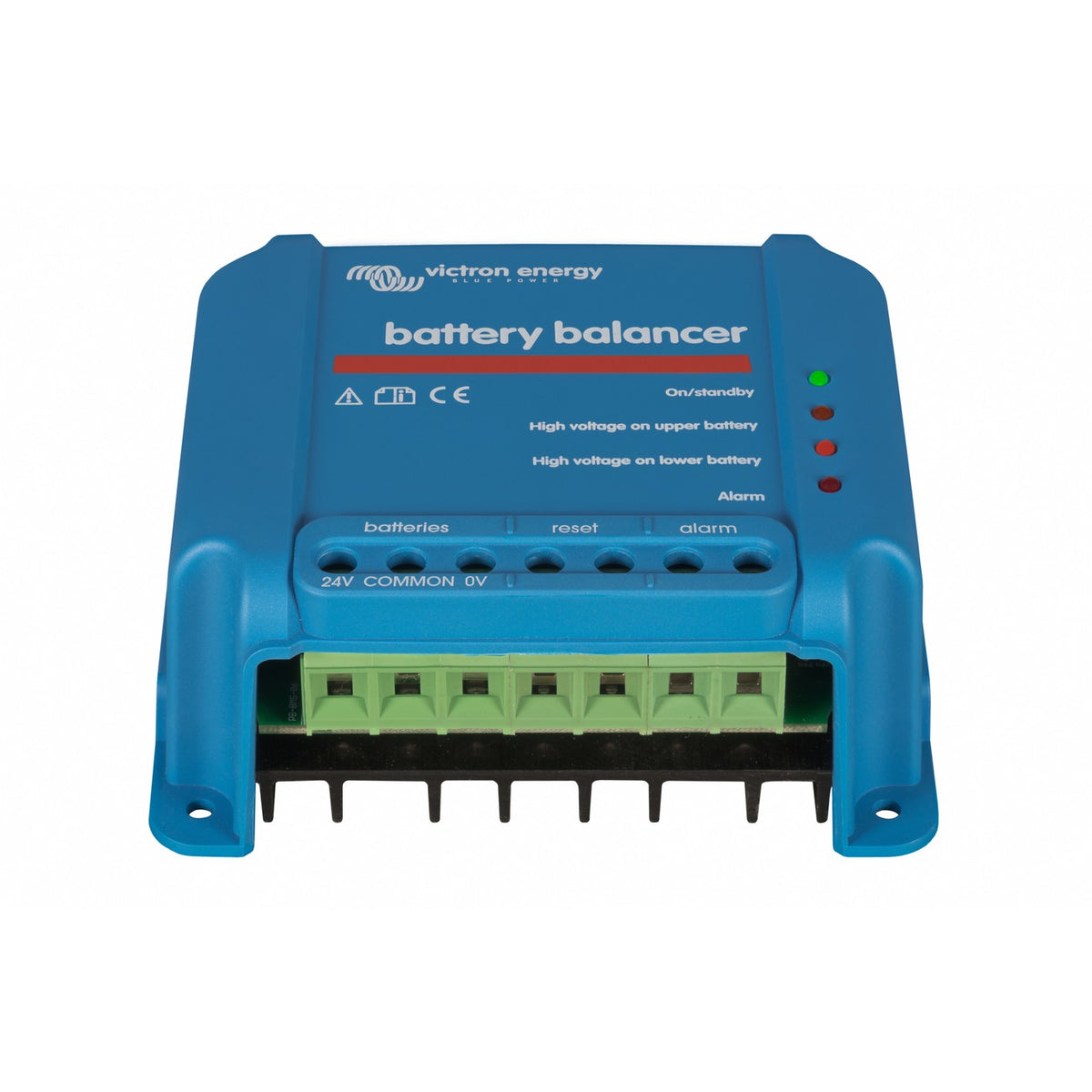 Victron Battery Balancer - front view with green pluggable terminal block on the batteries, reset and alarm ports