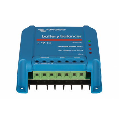 Victron Battery Balancer - front view with green pluggable terminal block on the batteries, reset and alarm ports