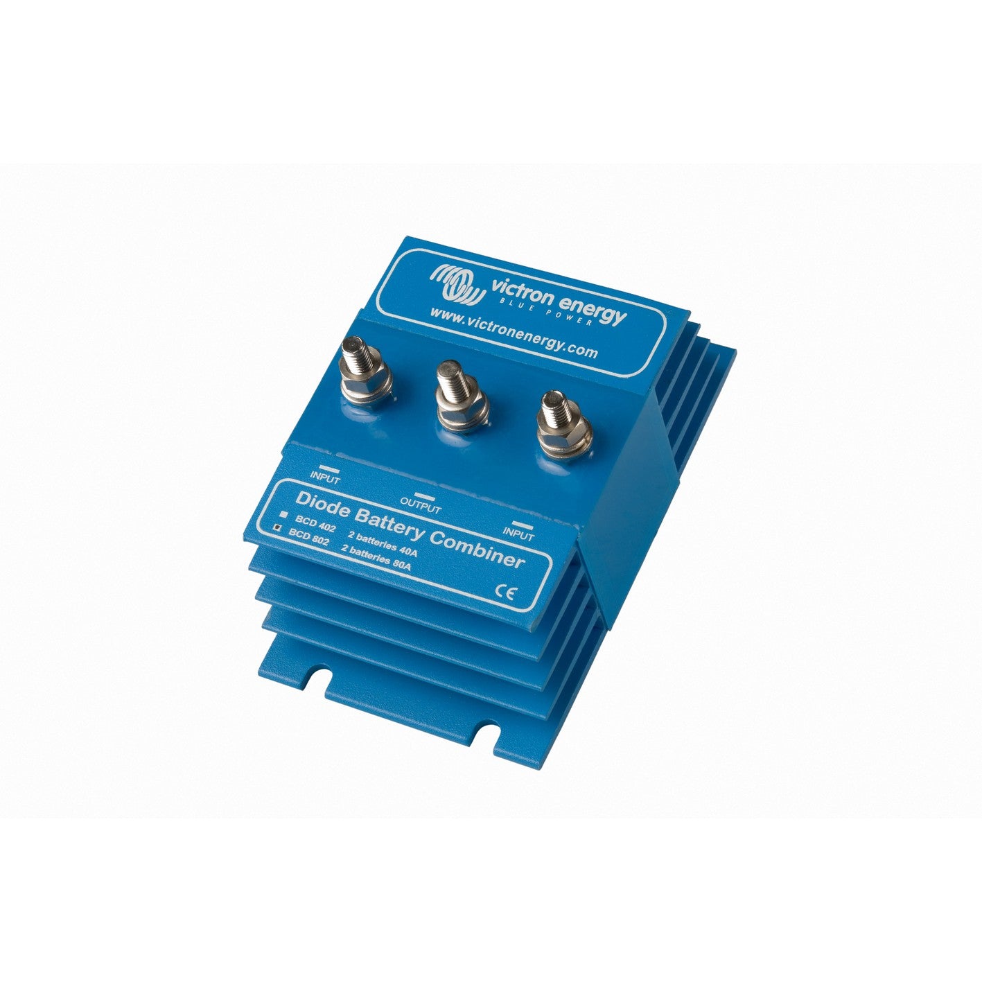 Victron Diode Battery Combiner BCD 802 80A — angled left view with INPUT, OUTPUT, INPUT terminal markings