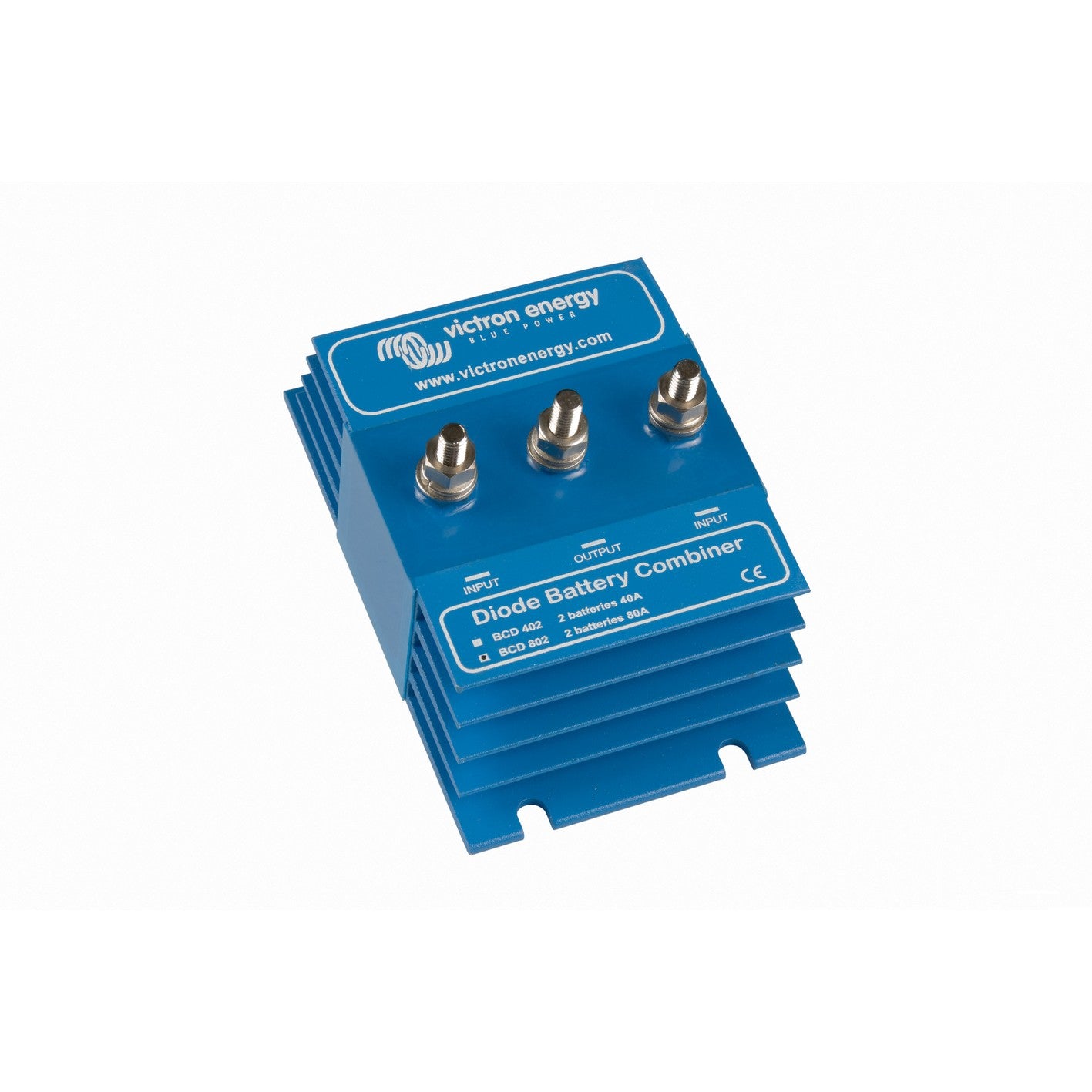 Victron Diode Battery Combiner BCD 802 80A — angled right view showing finned heatsink body and three M6 studs