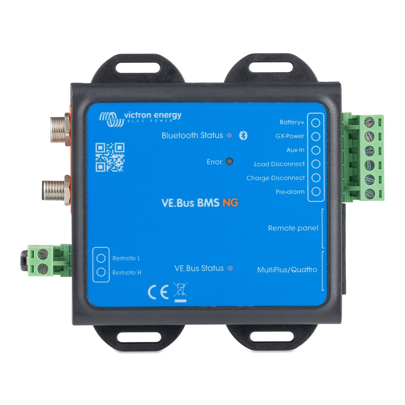 Victron VE.Bus BMS NG battery management system for Lithium NG batteries, top view, blue and black case with green screw terminals and Battery+, GX-Power, Aux-In, Load Disconnect, Charge Disconnect and Pre-alarm outputs