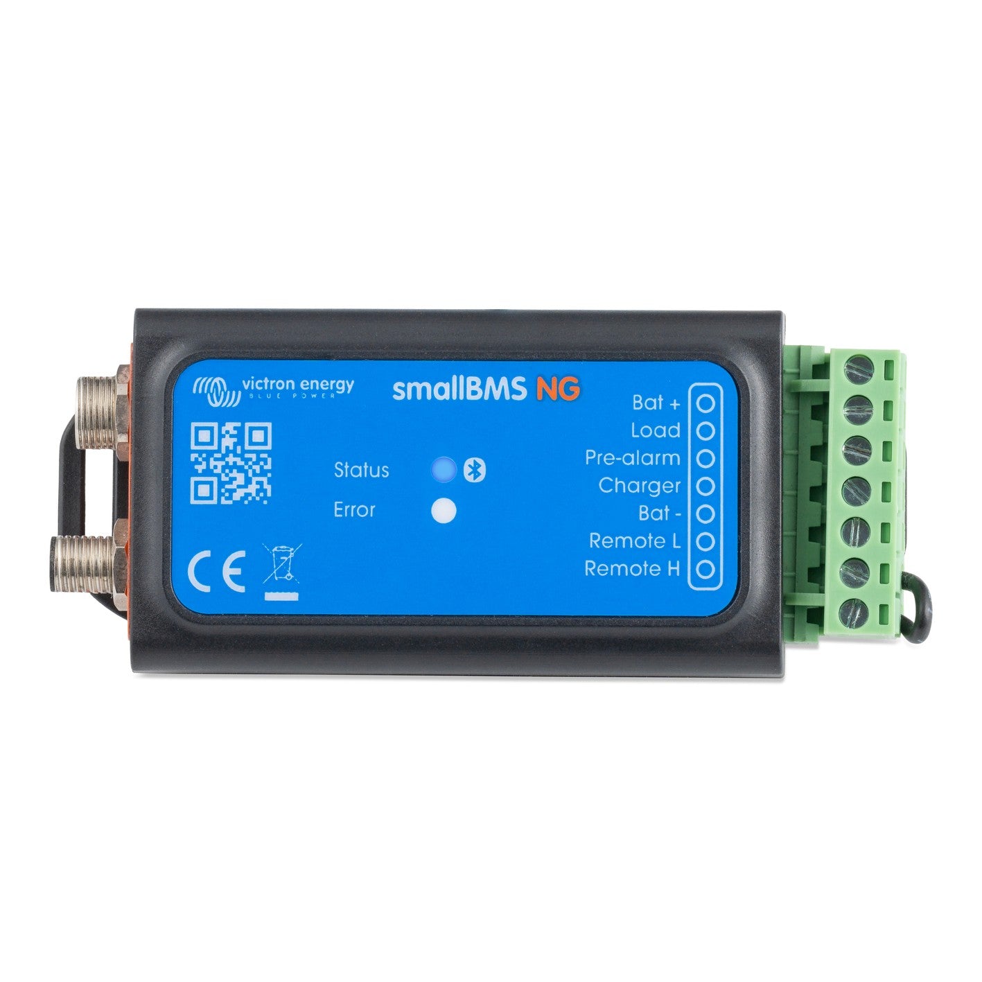 Victron smallBMS NG battery management system for Lithium NG batteries, top view, compact blue and black case with green screw terminal block and Bat+, Load, Pre-alarm, Charger and remote connections