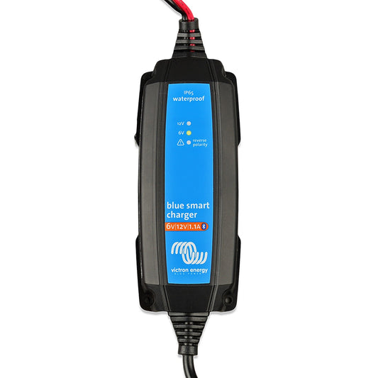 Victron Blue Smart IP65 battery charger 6V/12V-1.1A, top view of the blue and black waterproof case showing the 12V, 6V and reverse polarity indicator LEDs and the Bluetooth model marking