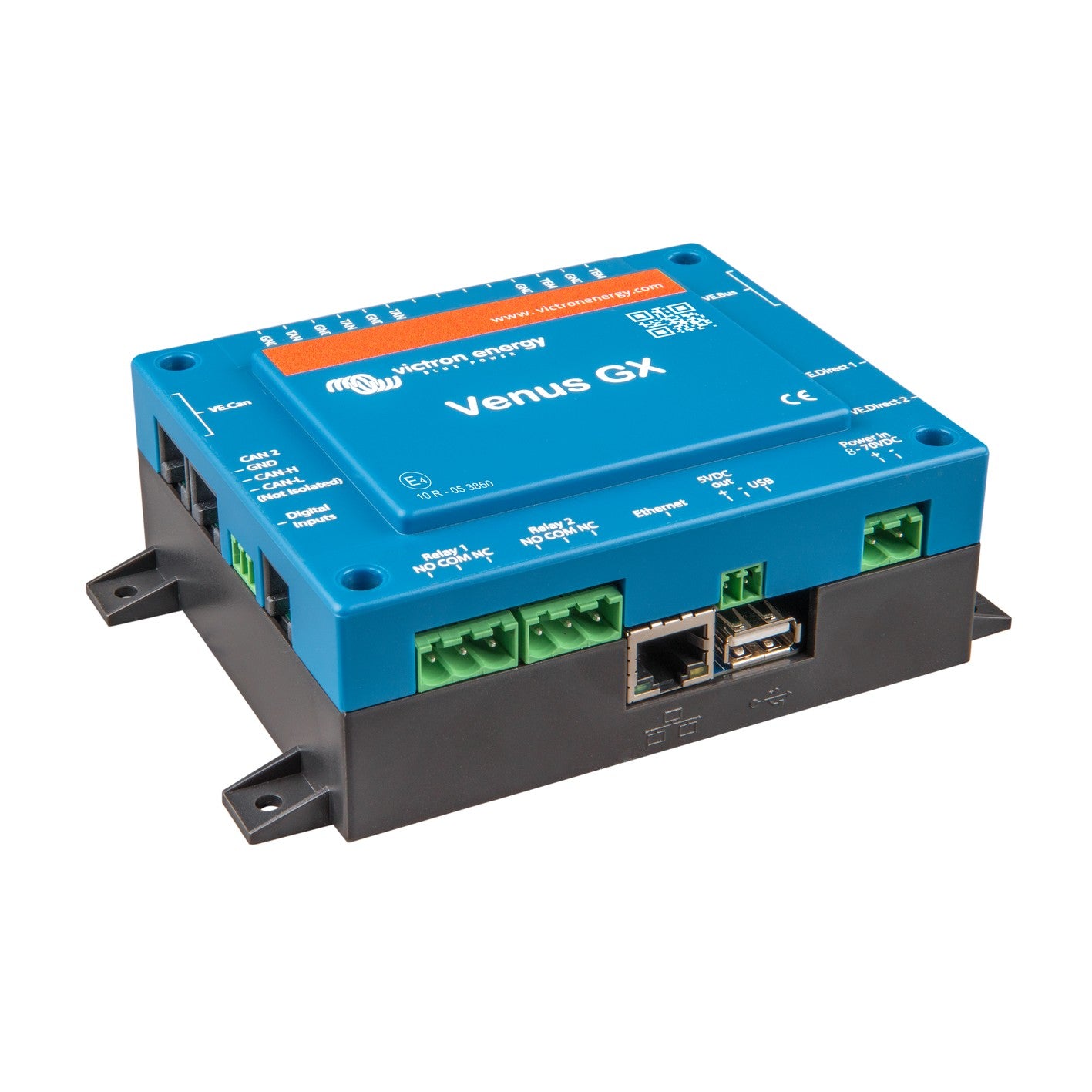 Victron Venus GX — angled view from the right showing VE.Bus and VE.Direct 1 and 2 sockets