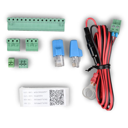 Victron Venus GX — supplied accessories: green screw connectors, RJ45 terminators, power cable and MAC/VRM ID label
