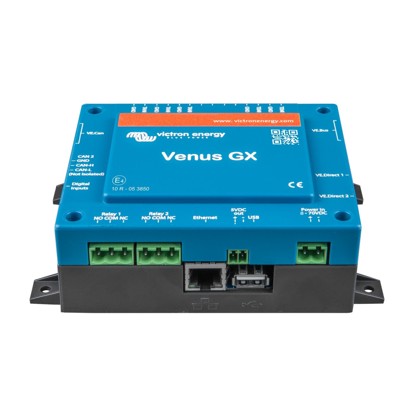 Victron Venus GX BPP900400100 — front elevation with Ethernet, USB, Relay 1/2 and Power In 8-70VDC terminals