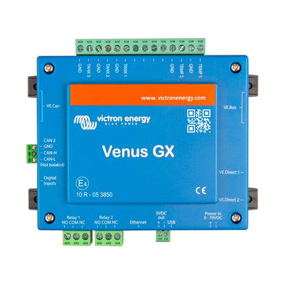 Victron Venus GX — top face with green tank, temperature, relay and CAN plug-in connectors fitted