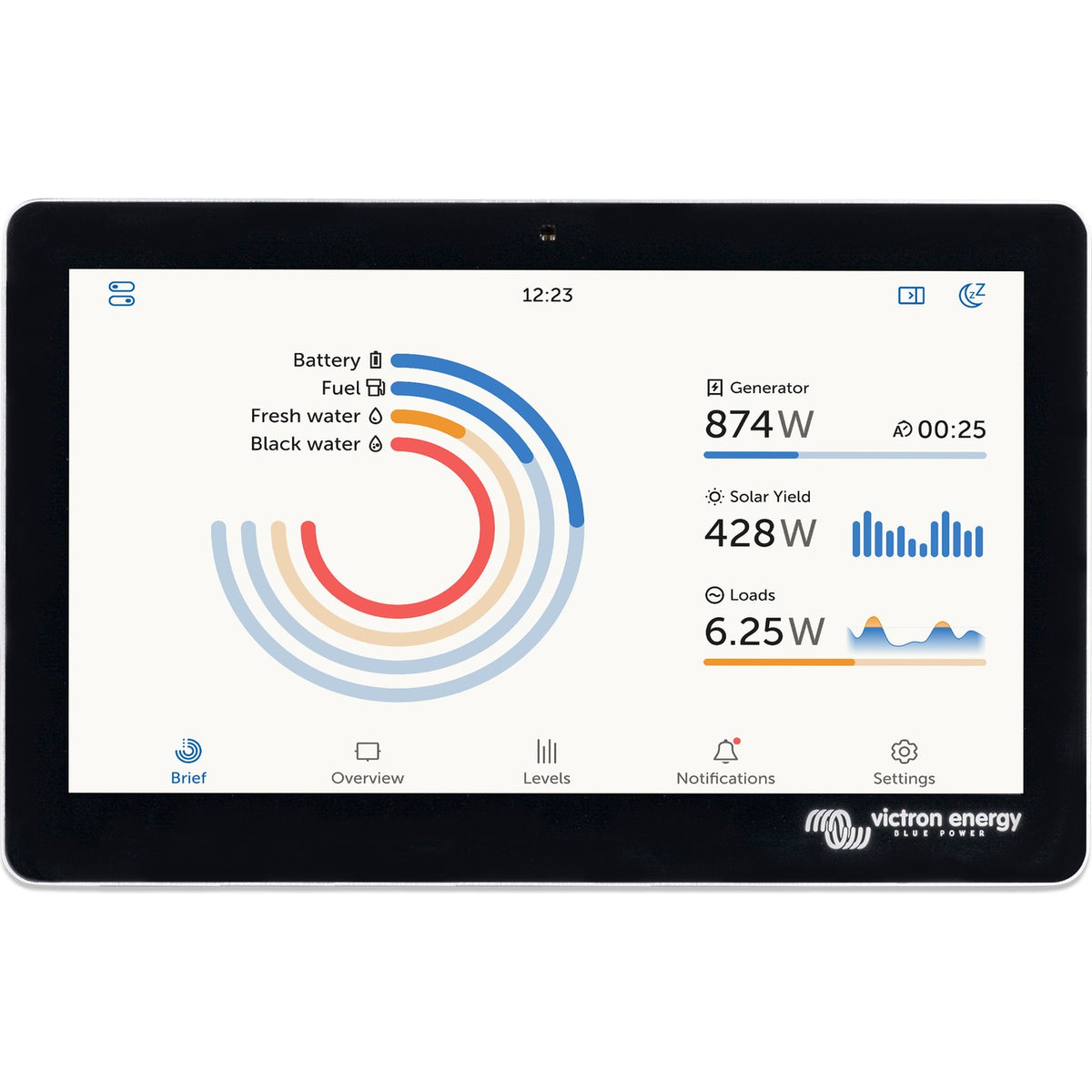 Victron GX Touch 70 7 inch touchscreen display for Cerbo GX, front view, black surface-mount bezel with the screen showing battery, generator, solar yield and load readings