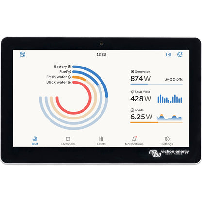 Victron GX Touch 70 7 inch touchscreen display for Cerbo GX, front view, black surface-mount bezel with the screen showing battery, generator, solar yield and load readings