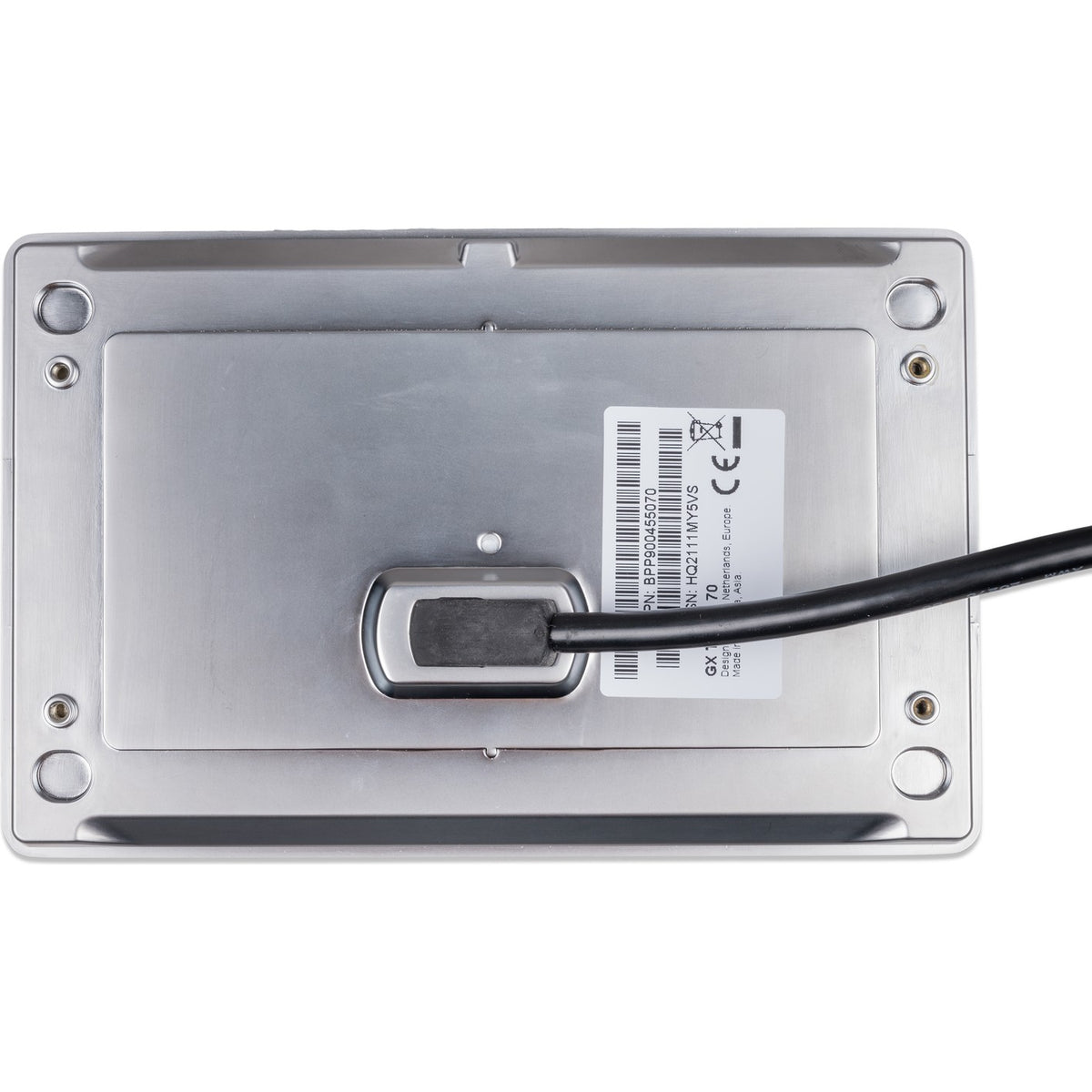 Victron GX Touch 70 touchscreen display, rear view showing the brushed aluminium back plate, cable gland and product label reading part number BPP900455070