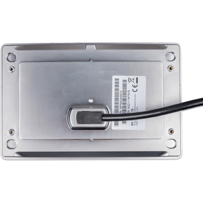 Victron GX Touch 70 touchscreen display, rear view showing the brushed aluminium back plate, cable gland and product label reading part number BPP900455070