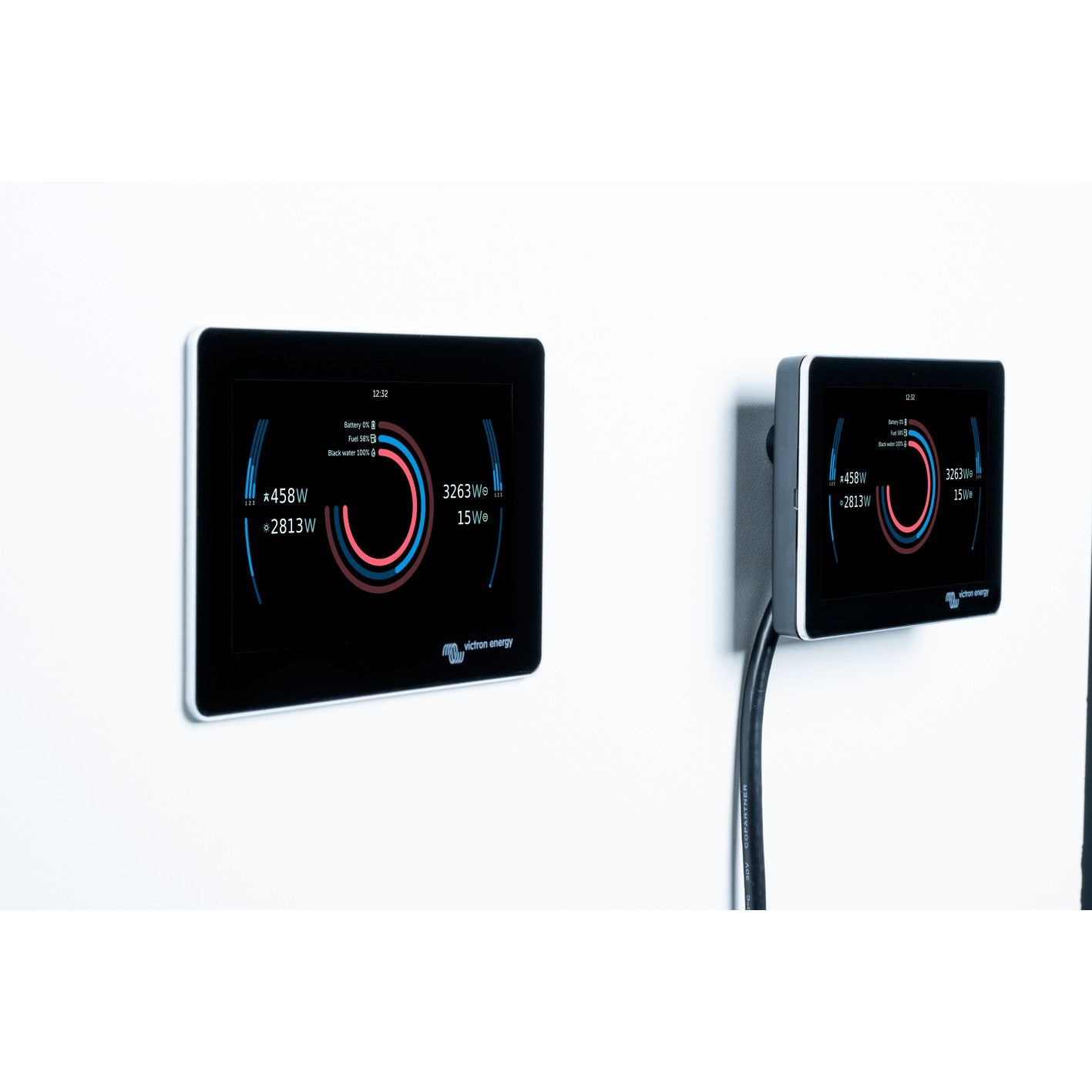 Victron GX Touch 50 Flush sitting flat against a wall, next to a surface-mounted GX Touch 50 for comparison