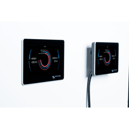 Victron GX Touch 50 Flush sitting flat against a wall, next to a surface-mounted GX Touch 50 for comparison