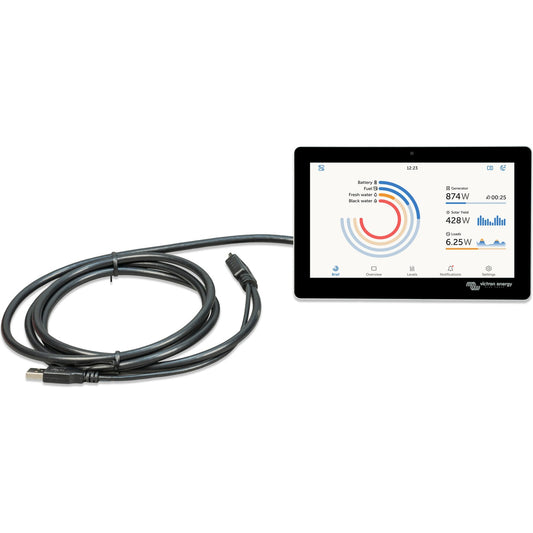 Victron GX Touch 70 Flush 7 inch touchscreen display for Cerbo GX, front angled view with the supplied 2 m connection cable, black glass panel showing the Brief overview screen