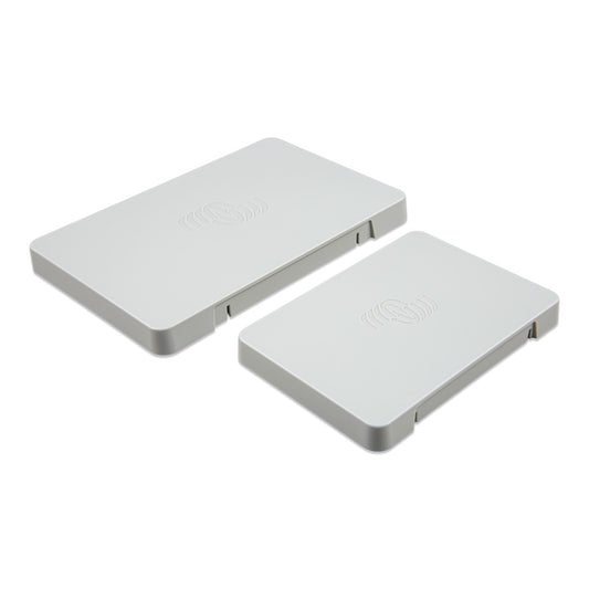 Victron Energy GX Touch protection covers, angled view showing the raised shell profile and cable cut-out; the smaller GX Touch 50 cover at right, larger GX Touch 70 cover at left