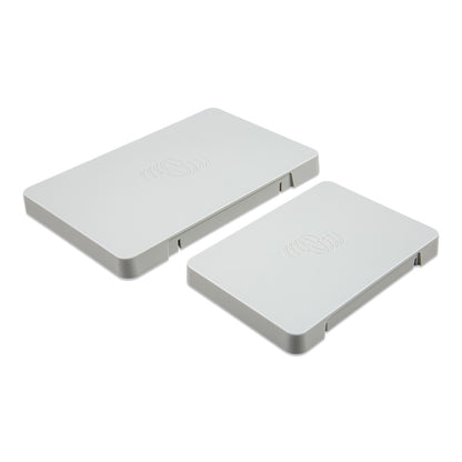 Victron Energy GX Touch protection covers, angled view showing the raised shell profile and cable cut-out; the larger GX Touch 70 cover at left, smaller GX Touch 50 cover at right