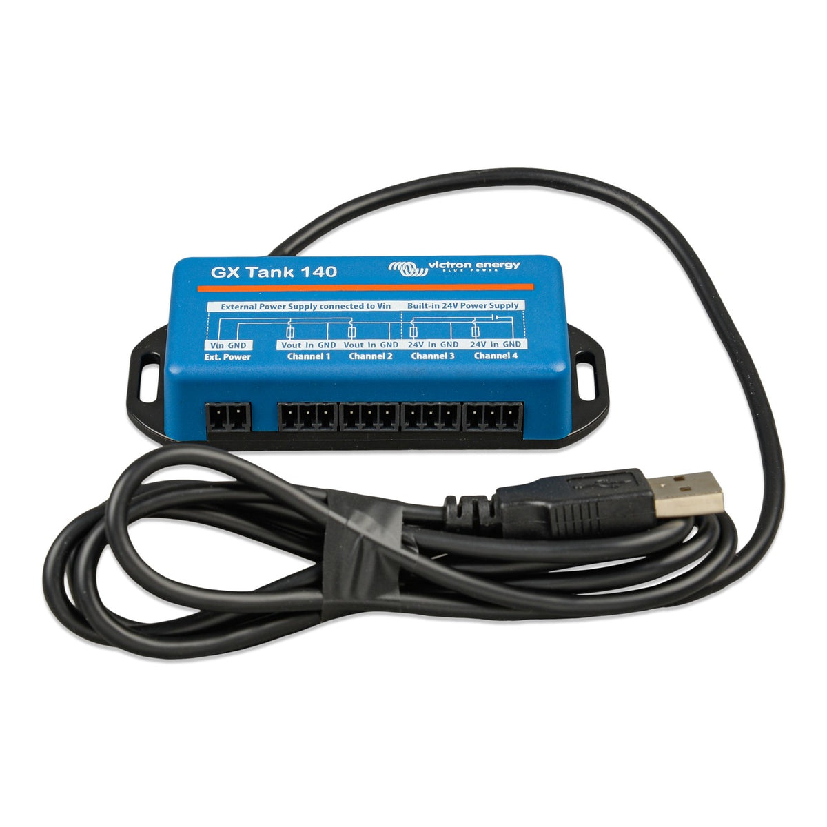 Victron GX Tank 140 — angled view with the USB lead coiled beside the blue housing
