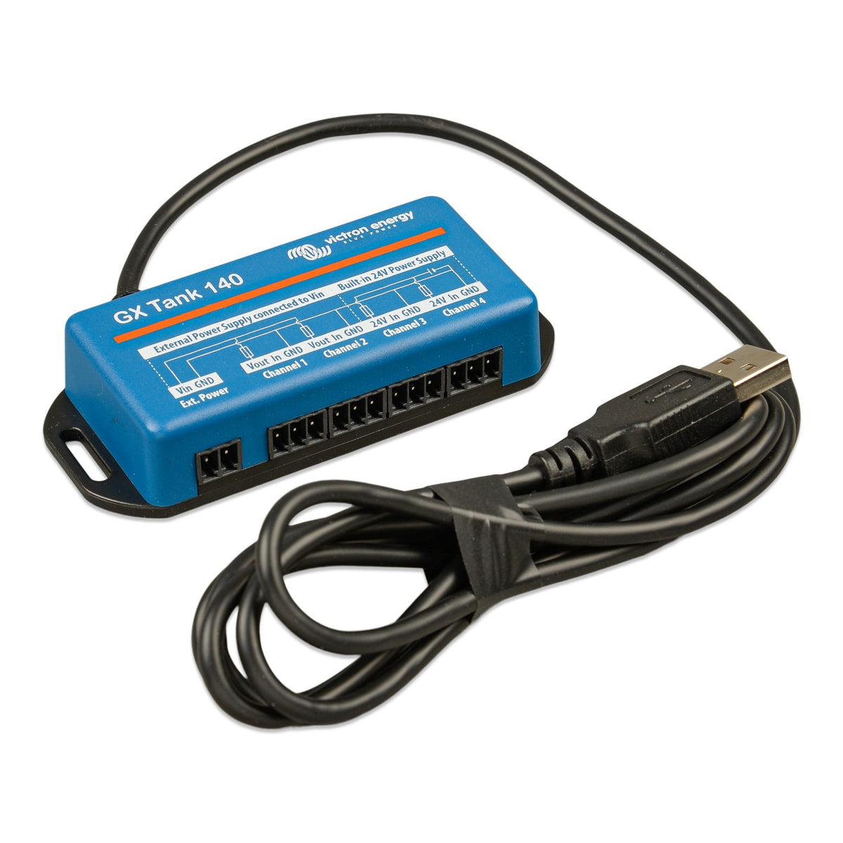 Victron GX Tank 140 — right three-quarter view with the USB-A connector in the foreground