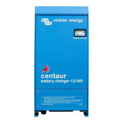 Victron Centaur Charger 12/80 (3 outputs) 12V 80A battery charger, front view, blue steel case with analogue 0-100 DC amperes output current meter