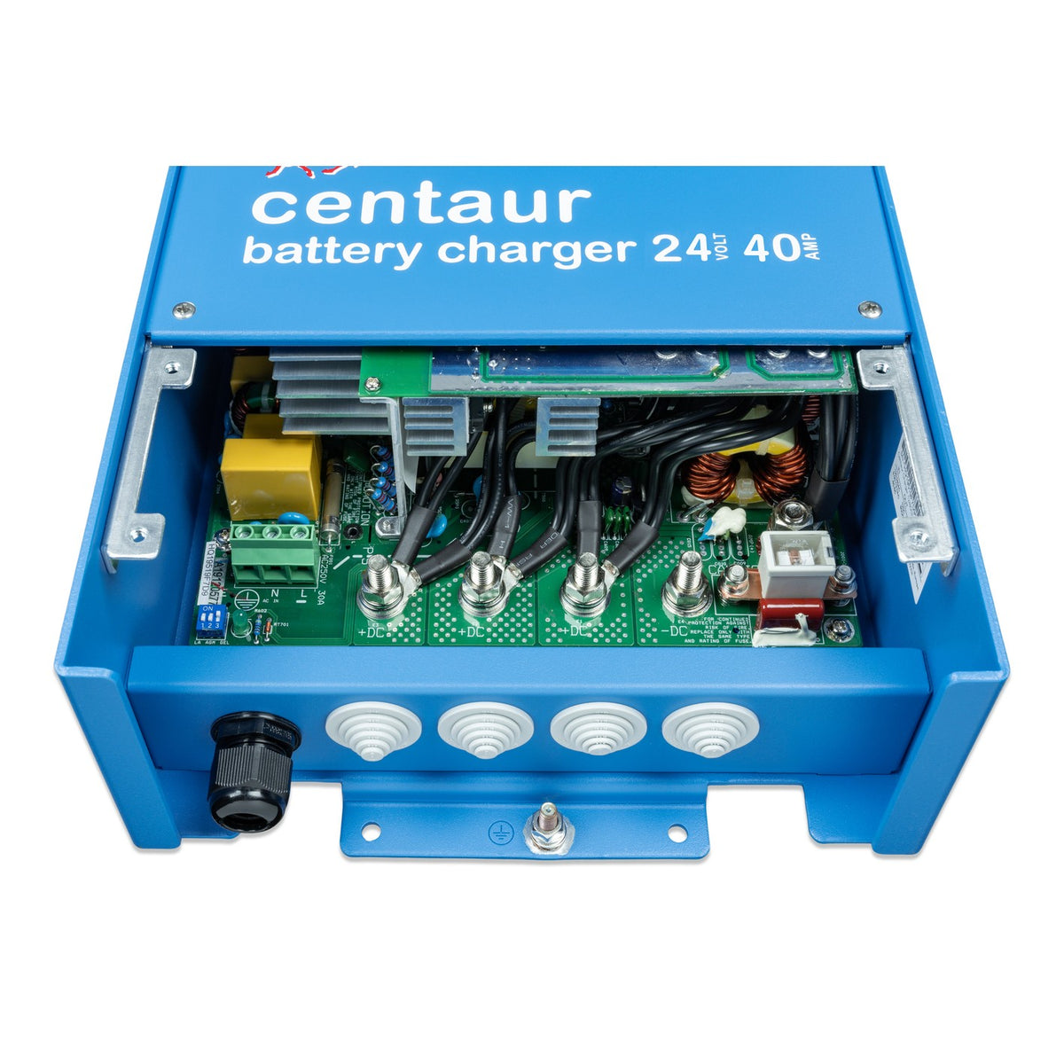 Victron Centaur Charger 24V 40A — close-up of PCB terminals: three +DC, one -DC, AC in and DIP switches