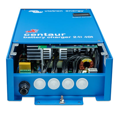 Victron Centaur Charger 24V 40A — connection cover removed, internal boards and toroidal choke visible