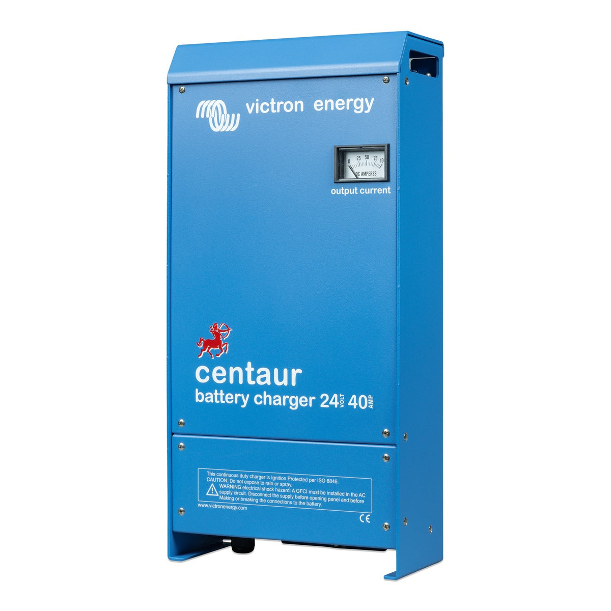 Victron Centaur Charger 24V 40A — left side view of the blue steel case on mounting feet