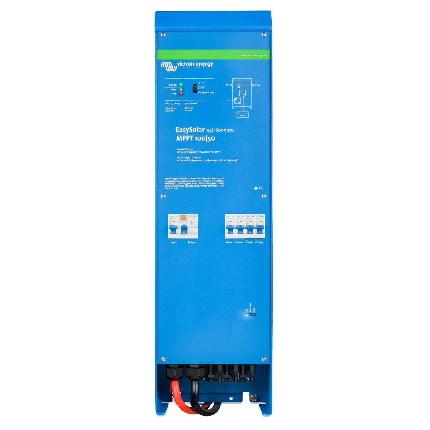 Victron EasySolar 12/1600/70-16 MPPT 100/50 inverter/charger, front view, blue wall-mount enclosure with green Victron banner, six white AC breakers and red and black battery cables