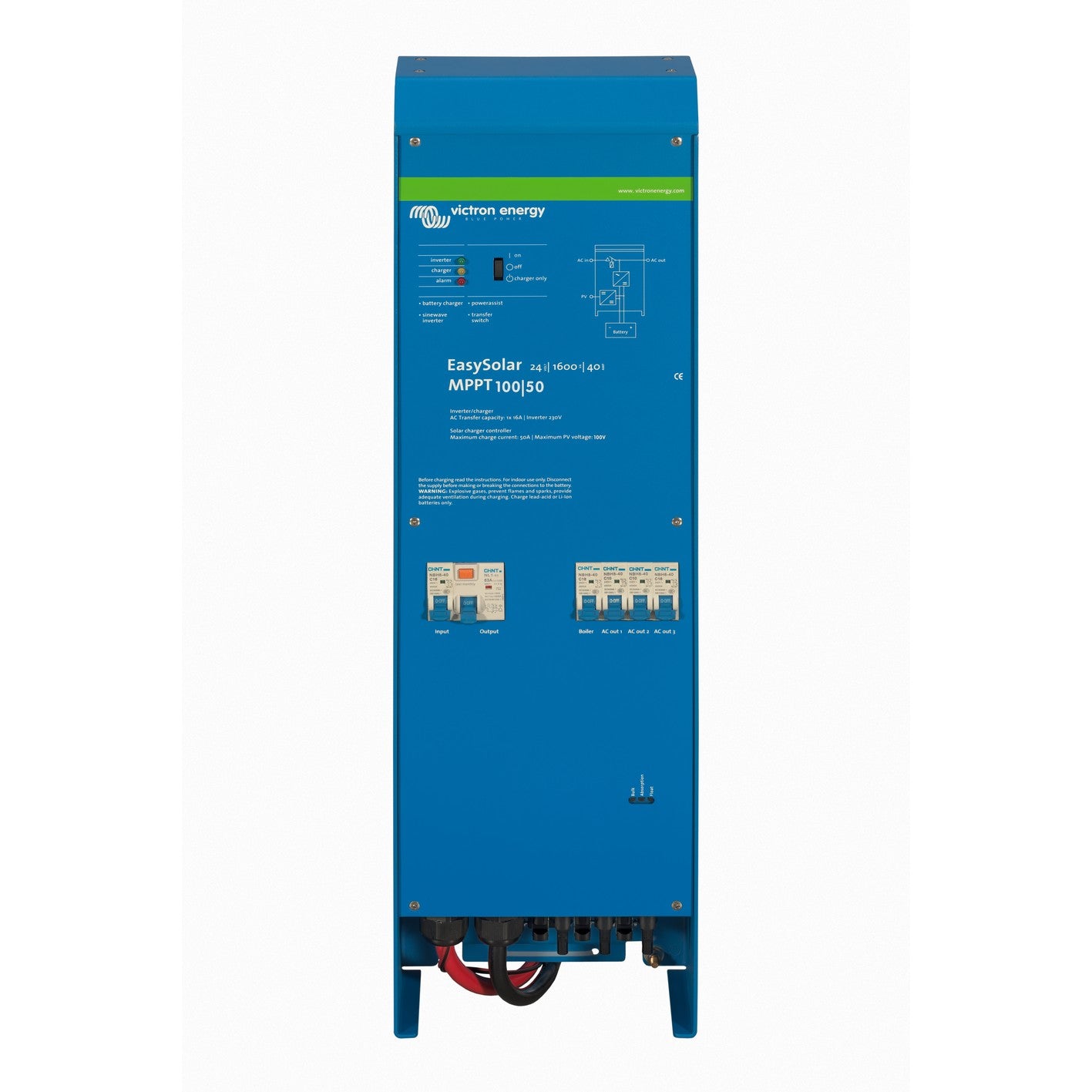 Victron EasySolar 24/1600/40-16 MPPT 100/50 inverter/charger, front view, blue wall-mount enclosure with green Victron banner, six white AC breakers and red and black battery cables