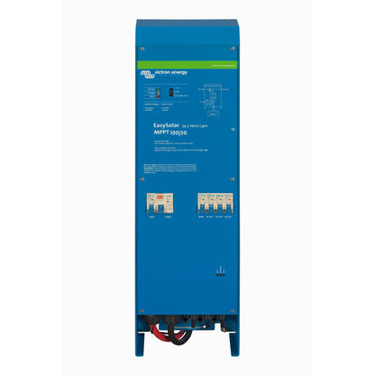 Victron EasySolar 24/1600/40-16 MPPT 100/50 inverter/charger, front view, blue wall-mount enclosure with green Victron banner, six white AC breakers and red and black battery cables