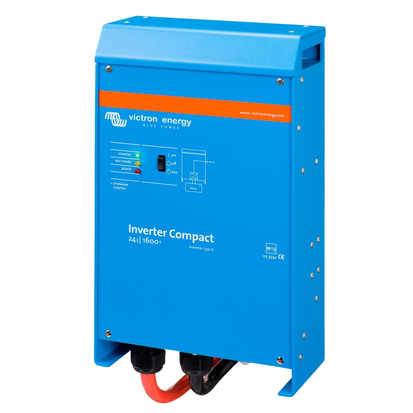 Victron Phoenix Inverter Compact 24/1600 230V pure sine wave inverter, three-quarter view from the left, blue powder-coated case with orange stripe and red and black DC battery cables