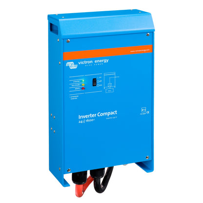 Victron Phoenix Inverter Compact 24/1600 230V pure sine wave inverter, three-quarter view from the right, showing on/off/eco rocker switch and inverter, eco mode and alarm LEDs
