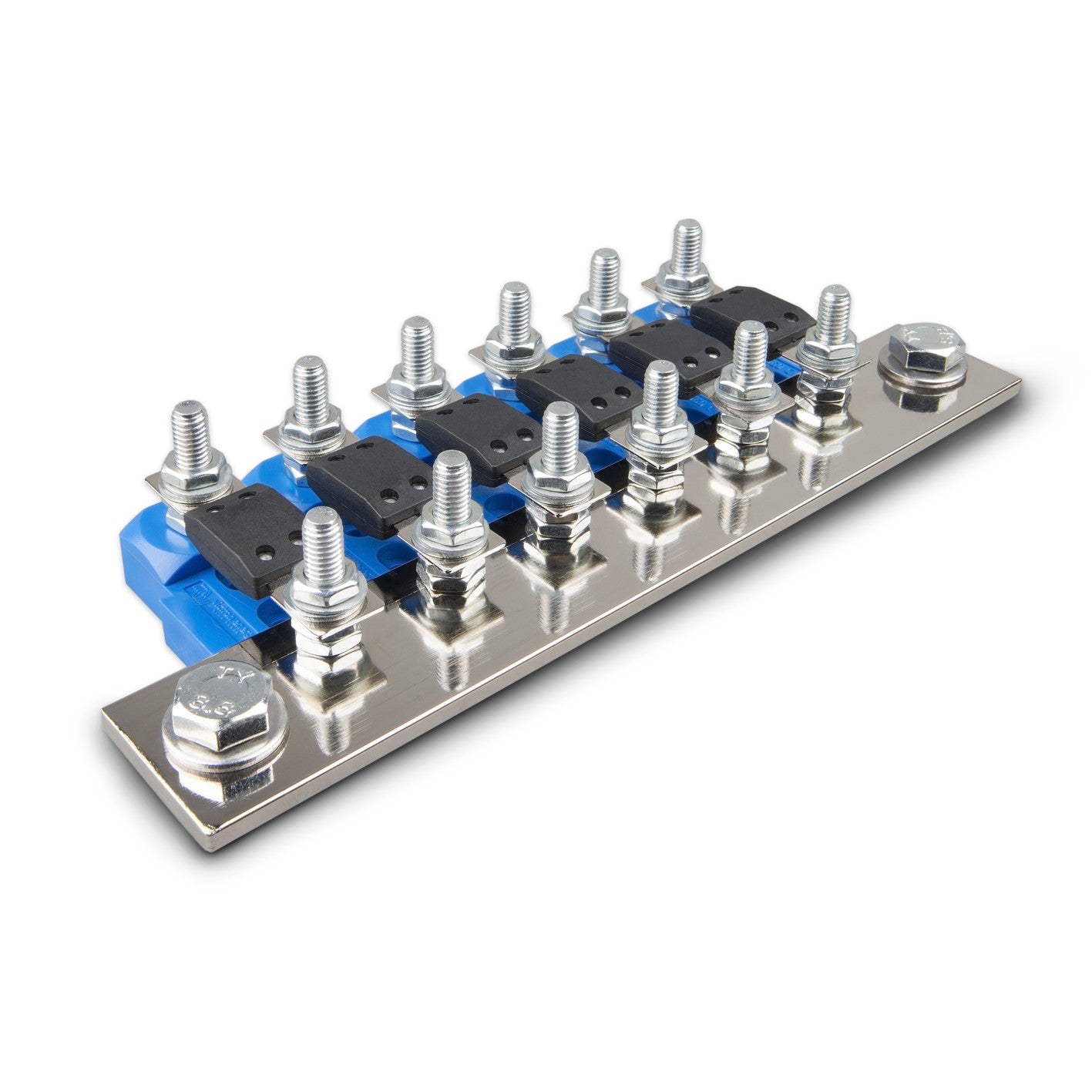 Victron CIP100400070 busbar, 1500 A, angled left view stacked on six blue modular MEGA fuse holders with black insulating covers; fuse holders sold separately