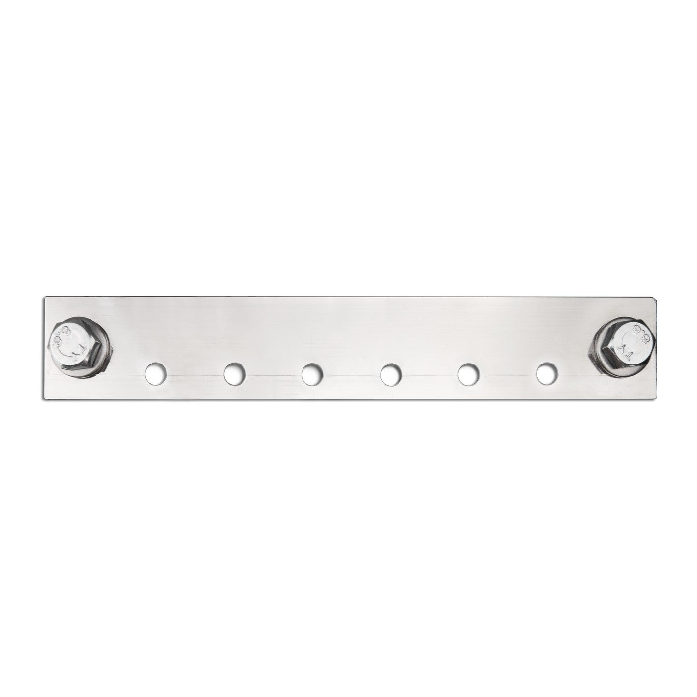 Victron CIP100400070 busbar, 1500 A, top view of the bare stainless steel bar as supplied, with six fuse-holder holes and two M10 input bolts
