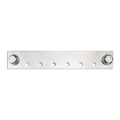 Victron CIP100400070 busbar, 1500 A, top view of the bare stainless steel bar as supplied, with six fuse-holder holes and two M10 input bolts