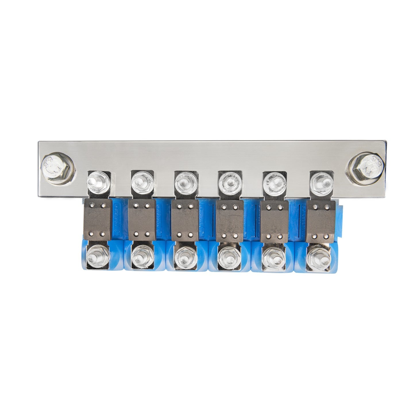 Victron CIP100400070 busbar to connect 6 modular MEGA fuse holders, 1500 A, front view mounted across six blue fuse holders with MEGA fuses fitted; fuse holders and fuses sold separately