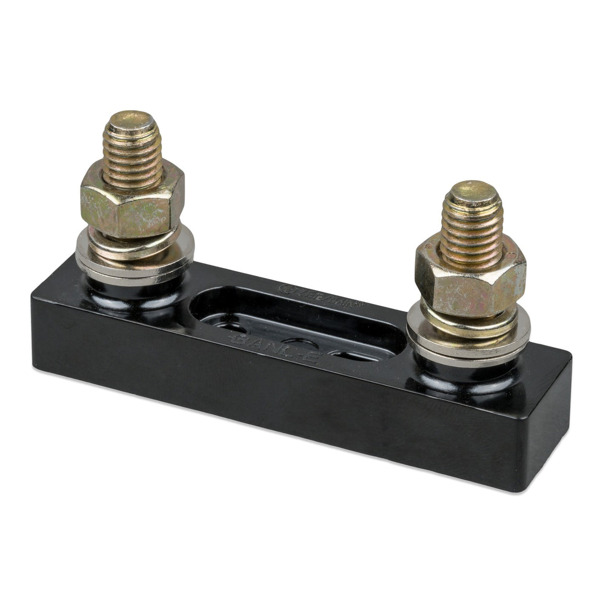Victron fuse holder for ANL-fuse CIP106100000 - three-quarter view showing base depth and nutted stud terminals