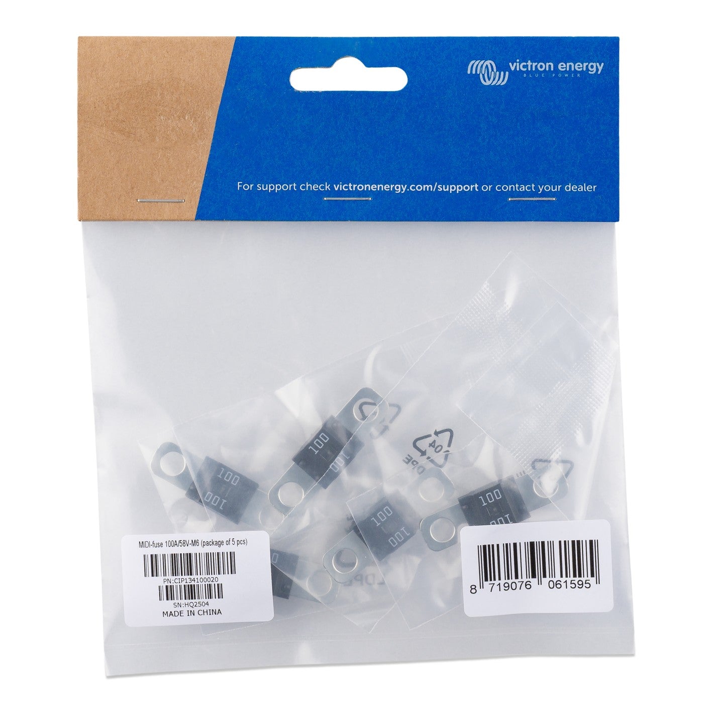 Victron MIDI-fuse 100A/58V-M6, package of 5, dark grey fuse bodies marked 100 with round M6 bolt holes, in a Victron Energy retail bag labelled PN CIP134100020