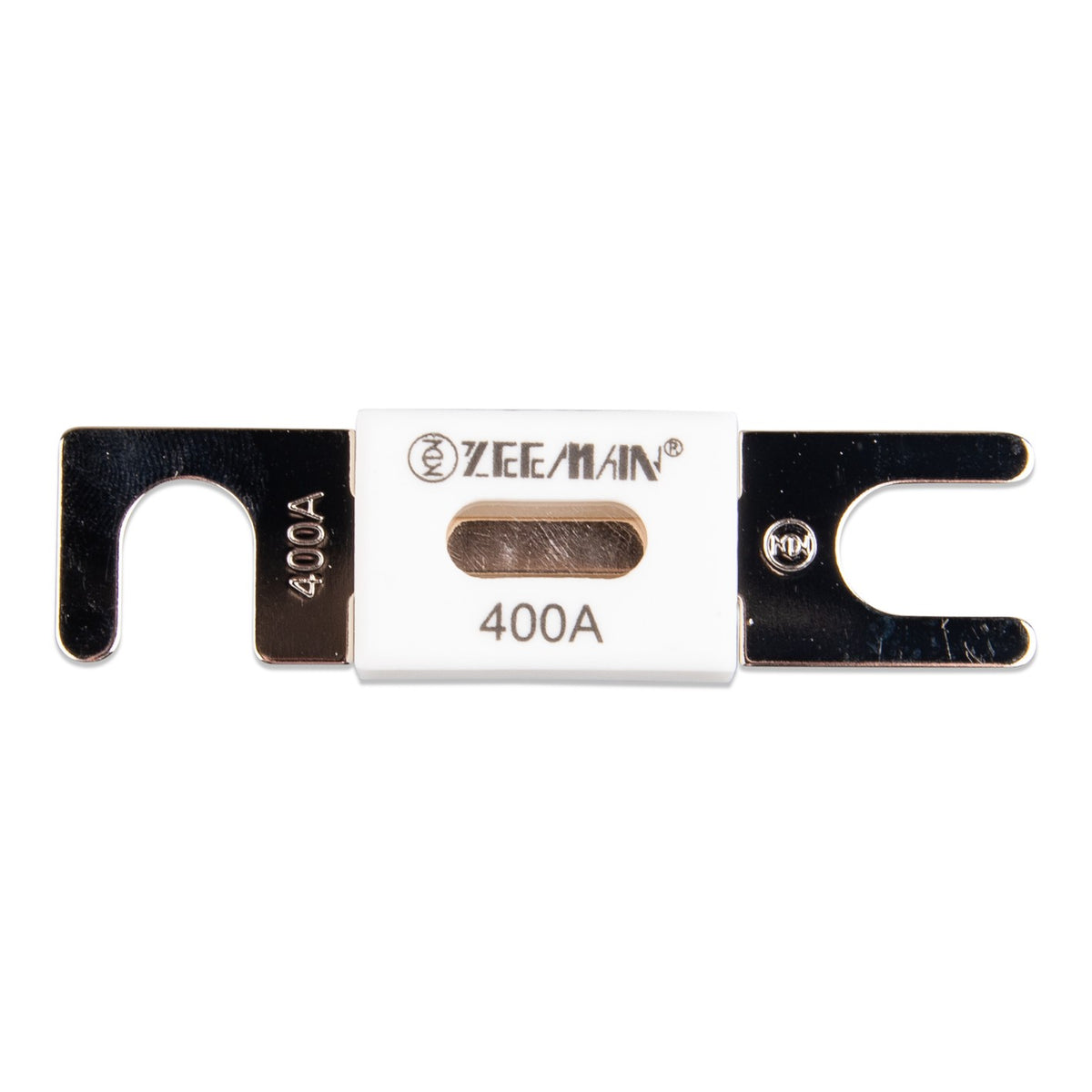 Victron Energy ANL fuse 400A/80V for 48V systems, front view, white ceramic body marked 400A with bright tinned copper blade terminals