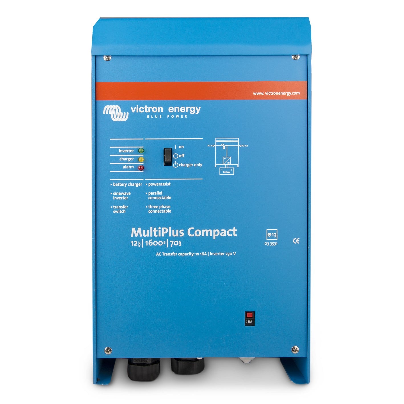 Victron MultiPlus Compact 12/1600/70-16 inverter charger, front view, blue steel case with green inverter and charger LEDs, three-position rocker switch and 16A input breaker