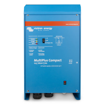 Victron MultiPlus Compact 12/1600/70-16 inverter charger, front view, blue steel case with green inverter and charger LEDs, three-position rocker switch and 16A input breaker