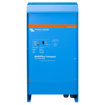Victron MultiPlus Compact 12/2000/80-30 230V inverter charger, front view, tall blue case with orange band, status LEDs and on/off/charger-only switch