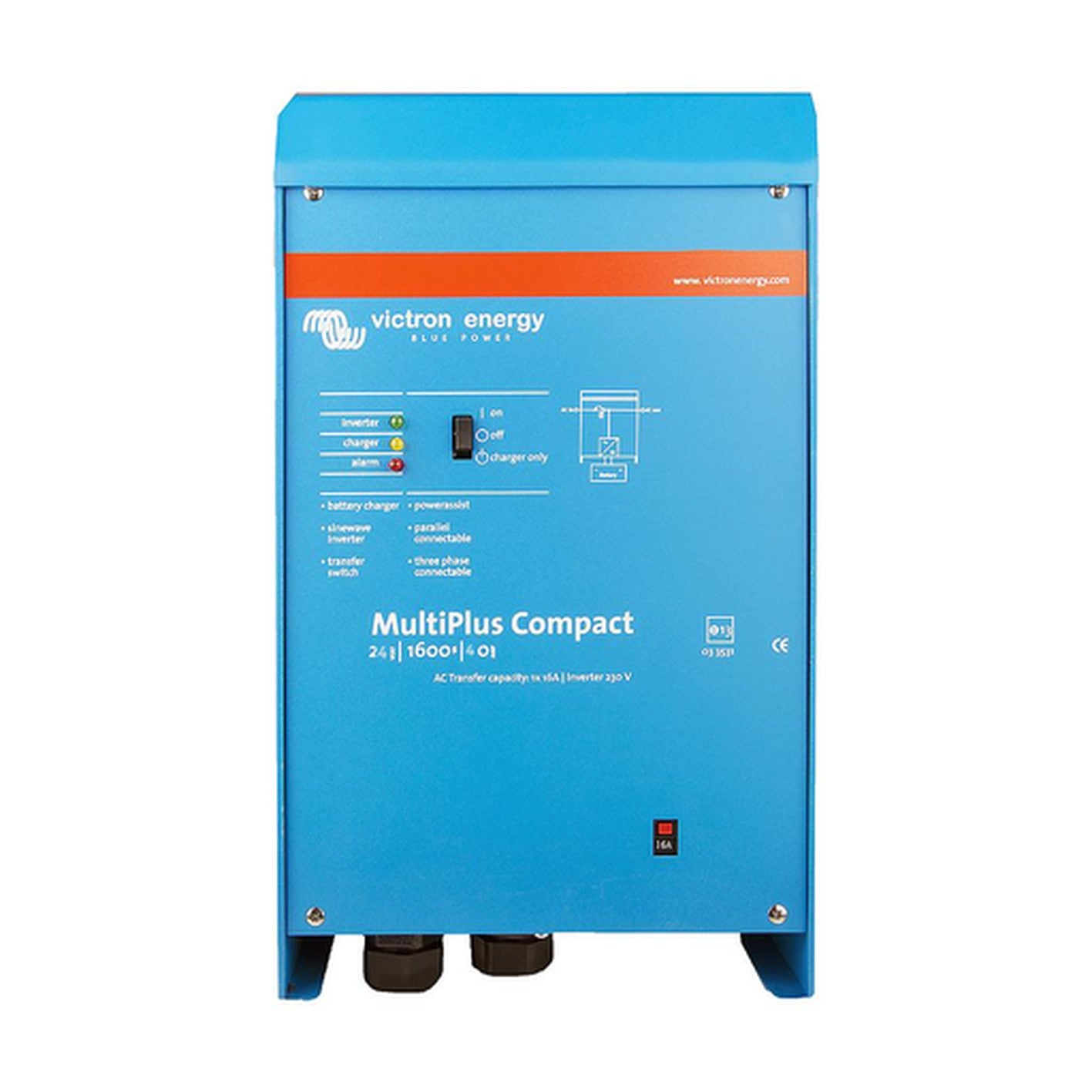 Victron MultiPlus Compact 24/1600/40-16 inverter charger, front view, blue steel case with status LEDs, rocker switch and 16A input breaker