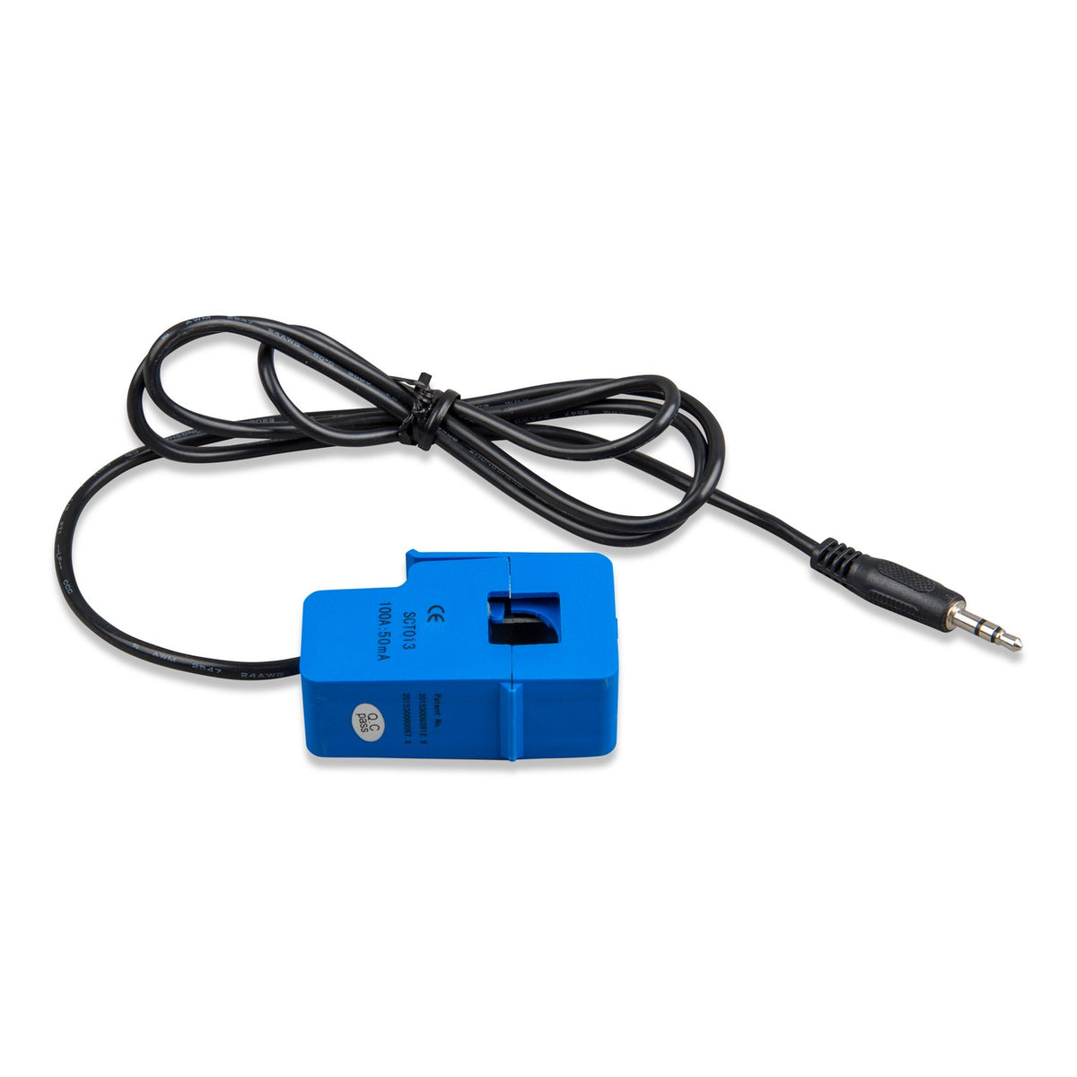 Victron Current Transformer for MultiPlus-II — angled view, body marked SCT013 100A:50mA, jack-terminated lead