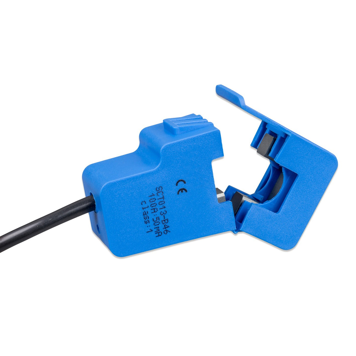 Victron current transformer close-up — jaws open, marked SCT013-B46 100A:50mA Class 1 with CE mark